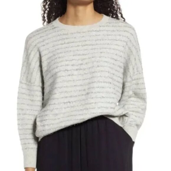 Nordstrom Alpaca Wool Sweater Knit Metallic Stripes Party Gray Silver size M - Picture 1 of 5